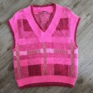 Pink Plaid Fuzzy Women's Sweater Vest